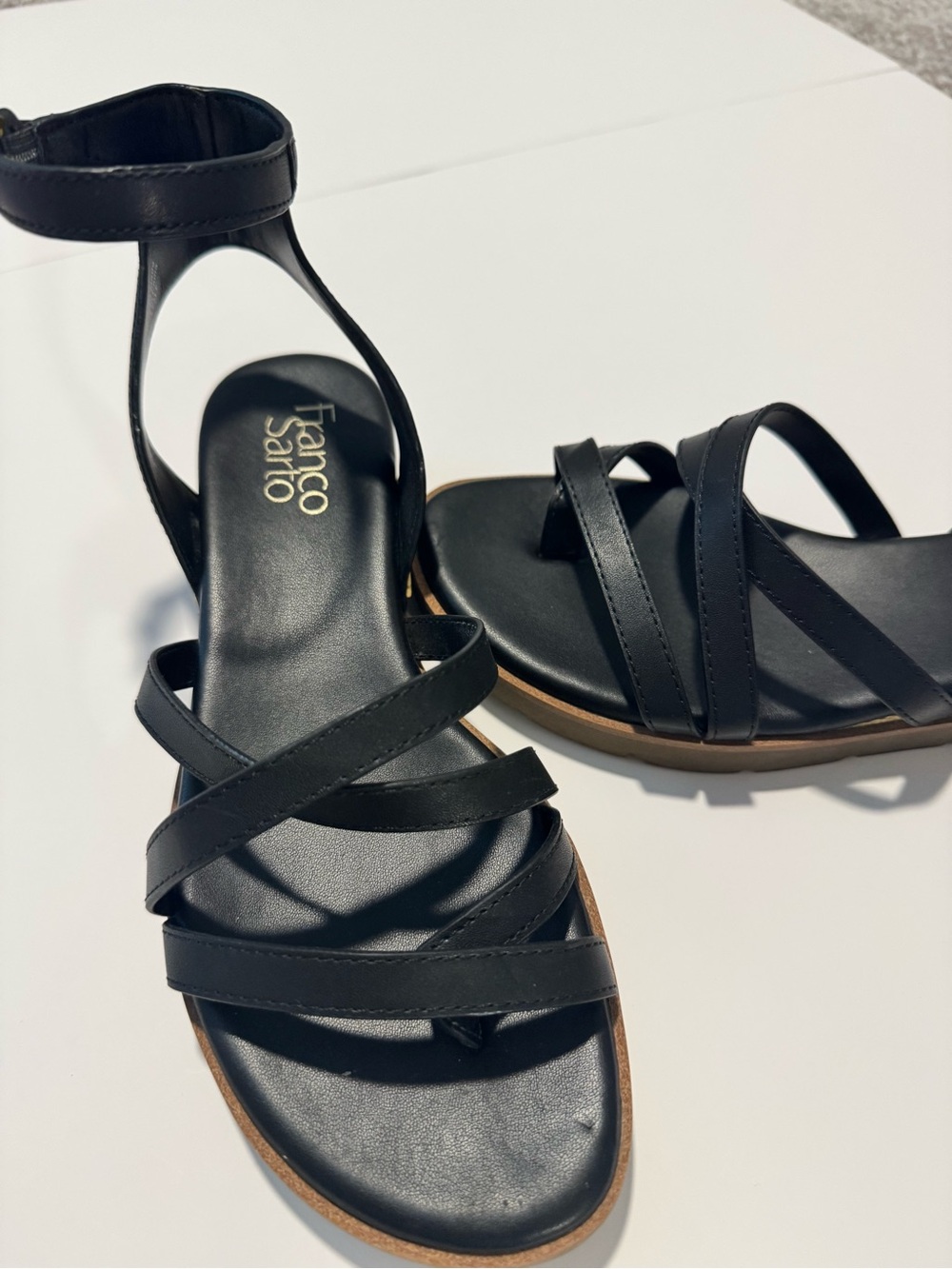Franco Sarto Black Strappy Ankle-Tie Flat Sandals